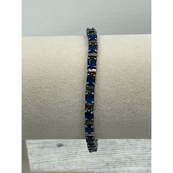 DBJ 925 Sterling Silver 7.5 Inch Blue Oval Stone Sapphire Link Tennis Bracelet - Picture 2 of 11